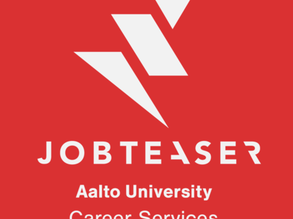 Punaisella taustalla JobTeaserin logo ja teksti Aalto University Career Services