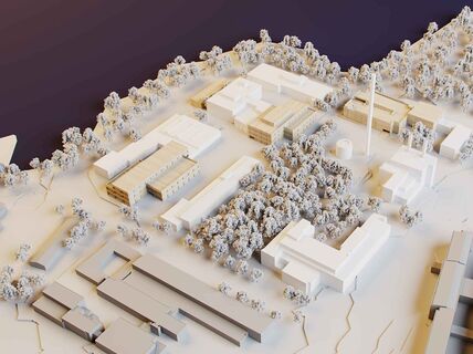 Illustration aerial image of Aalto Works block, in beige and white, with the new buildings in natural wood colour