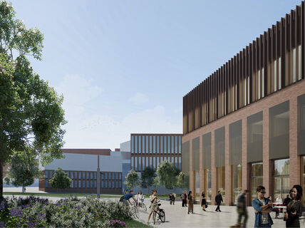 Illustration image of a spring or summer view from Otakaari towards Väre, Otakaari 2B on the right side of the image, sun is shining, there are flowers in bloom on the left of the image. Lots of people walking, cycling and interacting near the building.