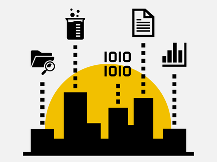 City silhouette illustration with data symbols.