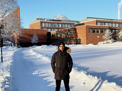 Student Arsam Ali at the Aalto University campus in Otaniemi.
