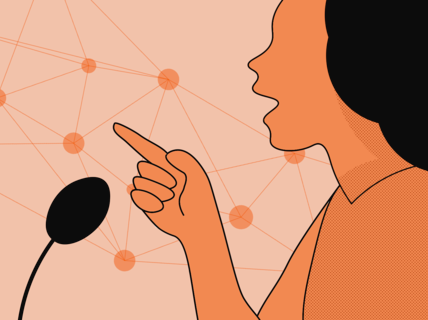 Illustration of a person speaking on a microphone.