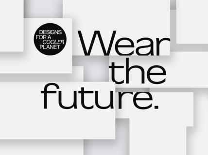 Black font stating "Wear the future." and Designs for a Cooler Planet logo on a white, fragmented background.