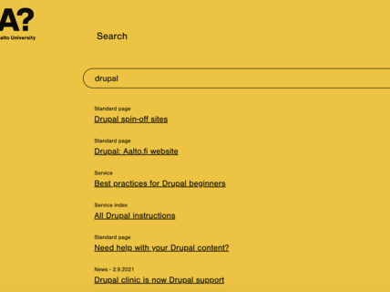 Screenshot of a search performed at aalto.fi