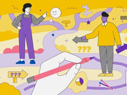 Illustration of two people on a colourful path with arrows, a hand holding a pencil, and various signs and symbols.