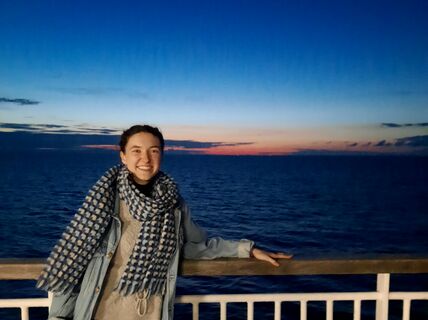 Flavie Ailhaud on a boat. 