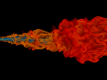 Pyörteilevä, turbulentti vetyiekki (simulointikuva). Ilya Morev ja Ville Vuorinen, Aalto-yliopisto