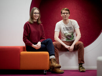 Engineering psychology students Salla Nicholls and Esko Evtyukov, photo by Matti Ahlgren