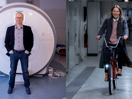 Two images in a diptych showing the professors. On the left, Koen Van Leemput is standing in front of an MRI machine, hands in pockets, smiling at the viewer. On the right, Tiina Nypelö is riding a bike down a corridor towards the viewer.