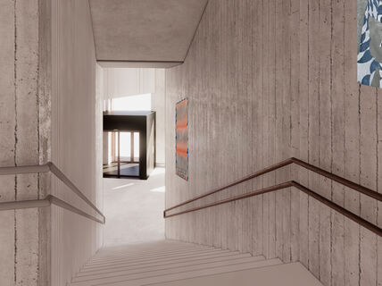 A stairway leading down to a sunlight-filled lobby, with two paintings on the concrete walls of the staircase.