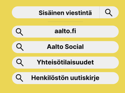 Sisäisen viestinnän pääkanavat: aalto.fi, aalto social, yhteisötilaisuudet ja henkilöstön uutiskirje.