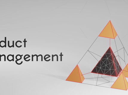Product management logo, with text and a tetrehedron