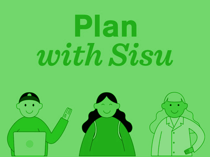 Kolme hahmoa 'Plan with Sisu' -tekstin alla. Yksi pitää läppäriä, toinen käyttää puseroa ja kolmannella on paita.