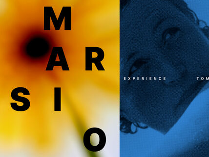 Three-part image: yellow flower and text Marsio on the left, image of Aino-Marsio-Aalto in the middle, Aalto logo on the right