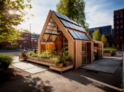 wooden structure with solar panels on the roof and greenery inside
