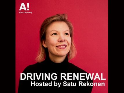 Aalto University poster. 'Driving Renewal' hosted by Satu Rekonen. Person with blond hair in front of a red background.