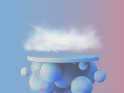Blue-coral gradient background with a podium floating over balloons and above it a white cloud dispersing a ray of light to its spectral components.