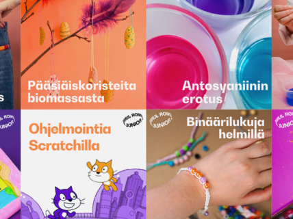 Eight panels with different science project ideas including visible mending, Easter decorations, and making a rain cloud in a jar.