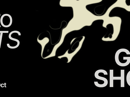 Poster for Aalto ARTS Grad Show from 3rd Sept to 6th Oct, with abstract black and cream design on a black background.