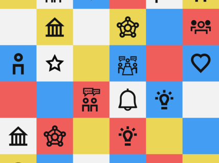 Kuvioitu ruudukko eri kuvakkeilla, kuten sydämet, tähdet, hehkulamput ja ryhmäkeskustelut.