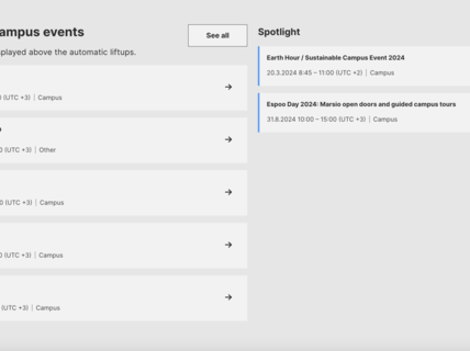 Web component with a list of upcoming campus events on the left, and a Spotlight section with highlighted events on the right.