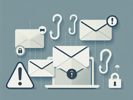 Kuvituskuva sähköposteista, varoitusmerkeistä ja koukuista, jotka osoittavat tietojenkalastelua ja hälytyksiä.