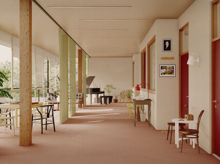 Bright room with large windows, a grand piano, wooden columns, potted plants, tables, chairs, and red doors.