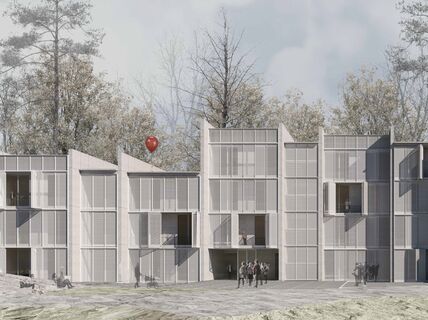 Modern multi-storey building with balconies, surrounded by trees. People and a bicycle outside. A red balloon floats near the trees.