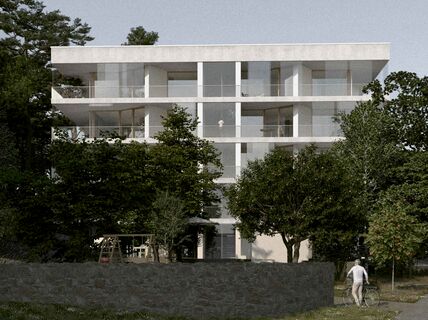 Modern white apartment building with large balconies, surrounded by trees. An elderly person walks with a bicycle.