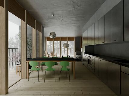 Modern kitchen and dining area with wooden floor, black countertops, green chairs, and large windows.