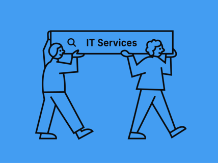 Two people carrying a sign with 'IT Services' written on it and a magnifying glass icon.