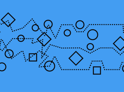 Black circles and squares connected by dotted lines on a blue background.