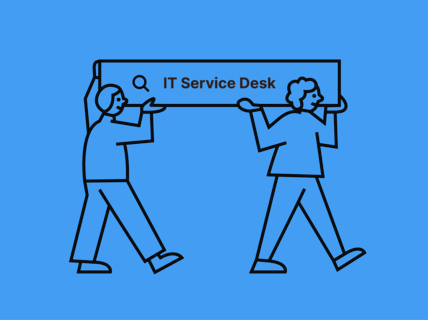 Two figures carrying a sign that reads 'IT Service Desk' with a magnifying glass icon, on a blue background.