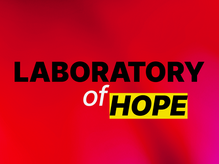 Text 'LABORATORY of HOPE' on a vibrant red and purple background. 'HOPE' is highlighted in yellow.