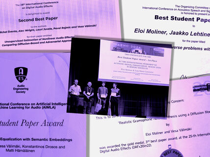 Centre photo of Eloi Moliner and teammates on conference stage, surrounded by images of his awards.