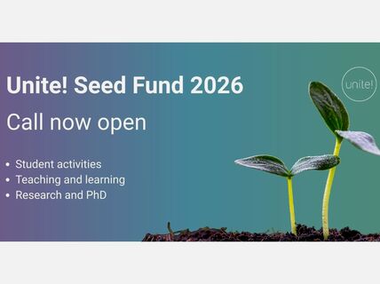 Unite! Seed Fund 2026 ilmoitus, jossa pieni kasvi nousee maasta. Haku avoinna opiskelijatoiminnalle, opetukselle ja tutkimukselle.