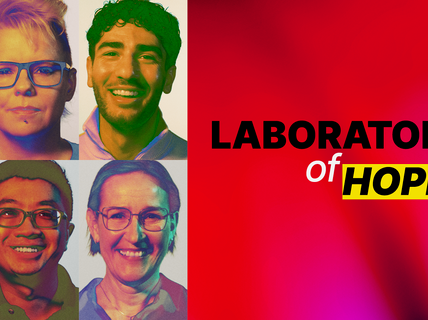Nine blurred faces on the left, text 'LABORATORY of HOPE' on a red background to the right.