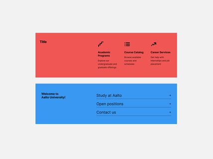 Two different coloured website components with links. One has icons, the other has large text.
