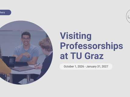 Kolme ihmistä keskustelemassa pöydän ääressä kannettavien tietokoneiden kanssa. Teksti: Visiting Professorships at TU Graz, 1.10.2026 - 31.1.2027.