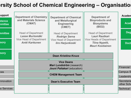 Organisational chart of Aalto University School of Chemical Engineering in 2026, showing departments, committees, and services.
