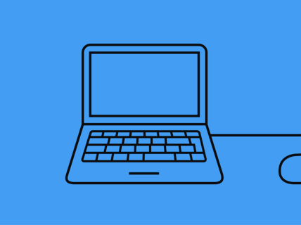 Line drawing of a laptop with a connected cable on a blue background.