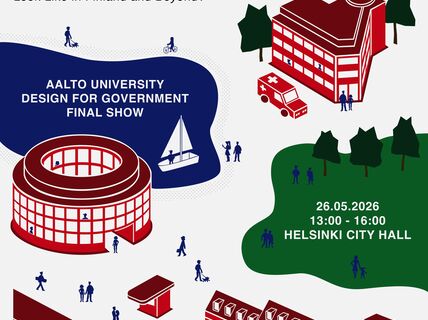 Event poster for Aalto University’s Design for Government final show with red buildings and people icons