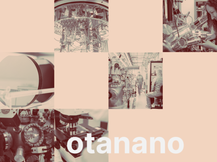 Collage of nano lab machines and researchers on pale peach background with white text “otananO”.
