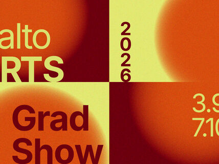 Poster for Aalto ARTS Grad Show 2026, dates 3.9–7.10, with yellow and orange abstract circles