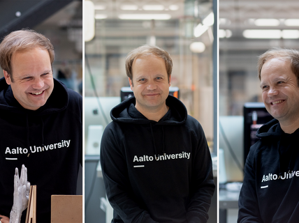 Collage of three photos of a person in a black Aalto University hoodie in a workshop