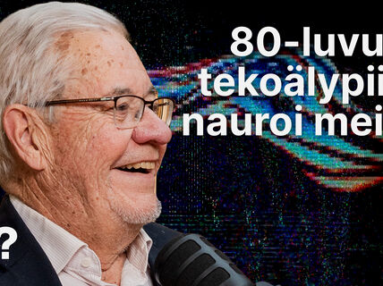 Smiling elderly man at microphone, glitchy multicoloured digital waves and Finnish AI text in background