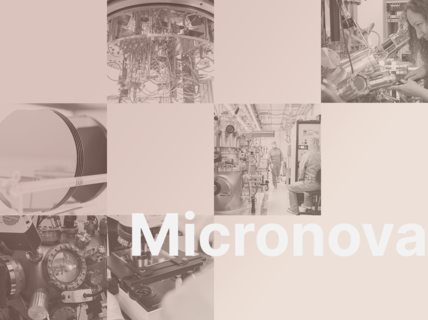 Collage of laboratory machines and scientists in warm beige tones with the text “Micronova”.