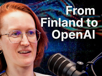 Red-haired person with glasses speaking into a studio microphone, text reads From Finland to OpenAI