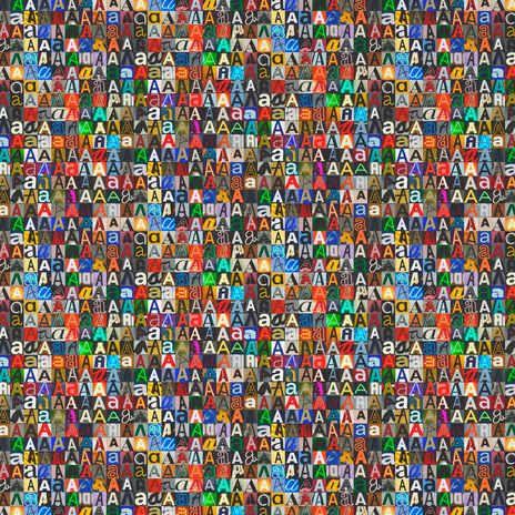 Kollaasi erilaisista ja eri värisistä kirjaimista 'A', isolla ja pienellä.