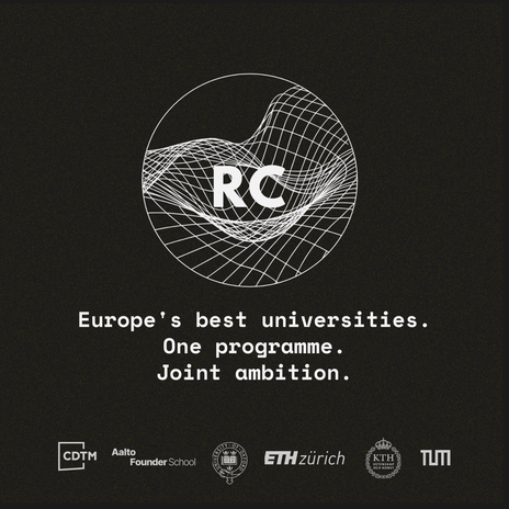 Logos on a dark background - relativity collective, Aalto founder school, CDTM, University of Oxford, ETH, KTH, TUM